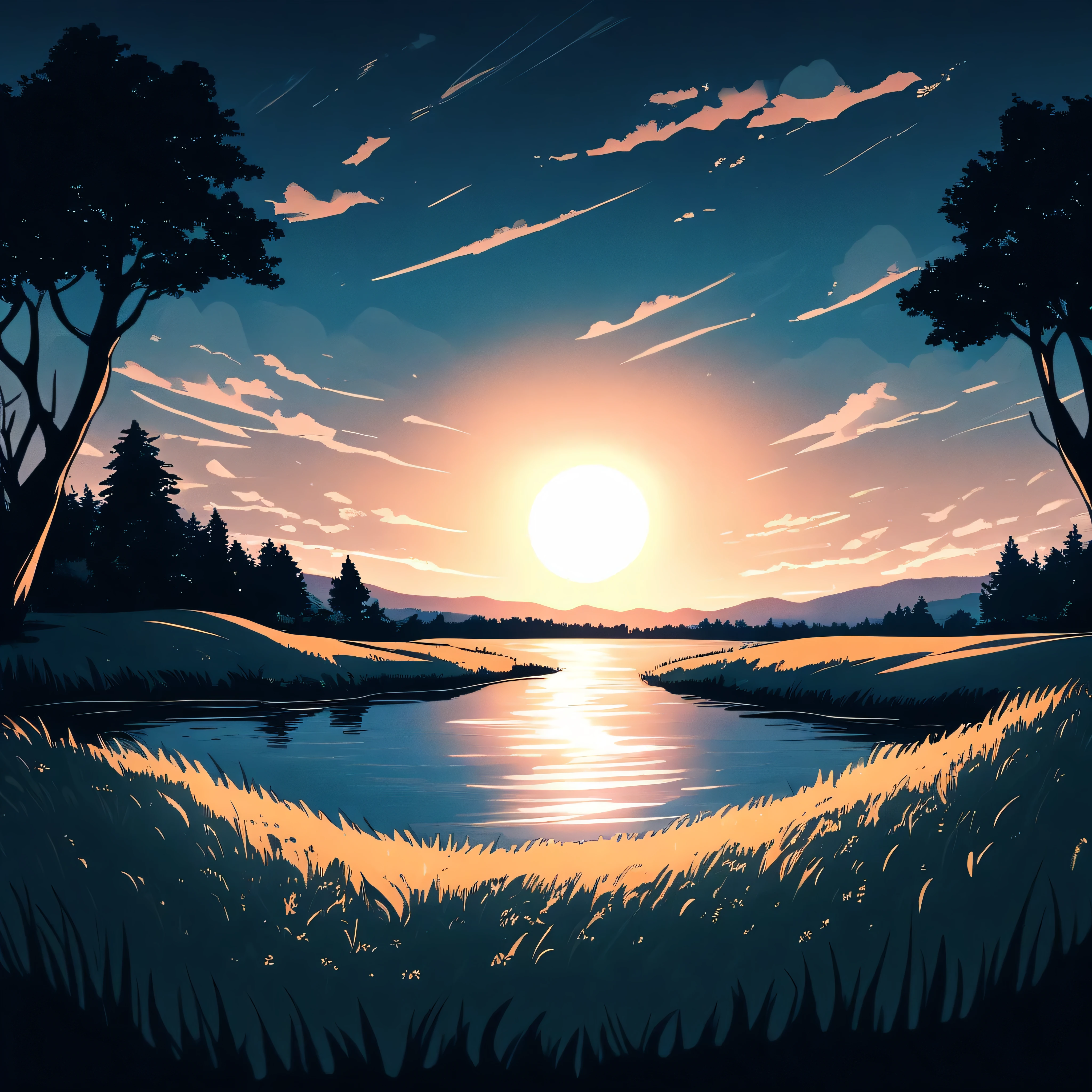 Background painting, summer countryside, grass and trees, waterways, summer sky and incoming clouds, clear contrast between sun and shadow, 8KHDR
