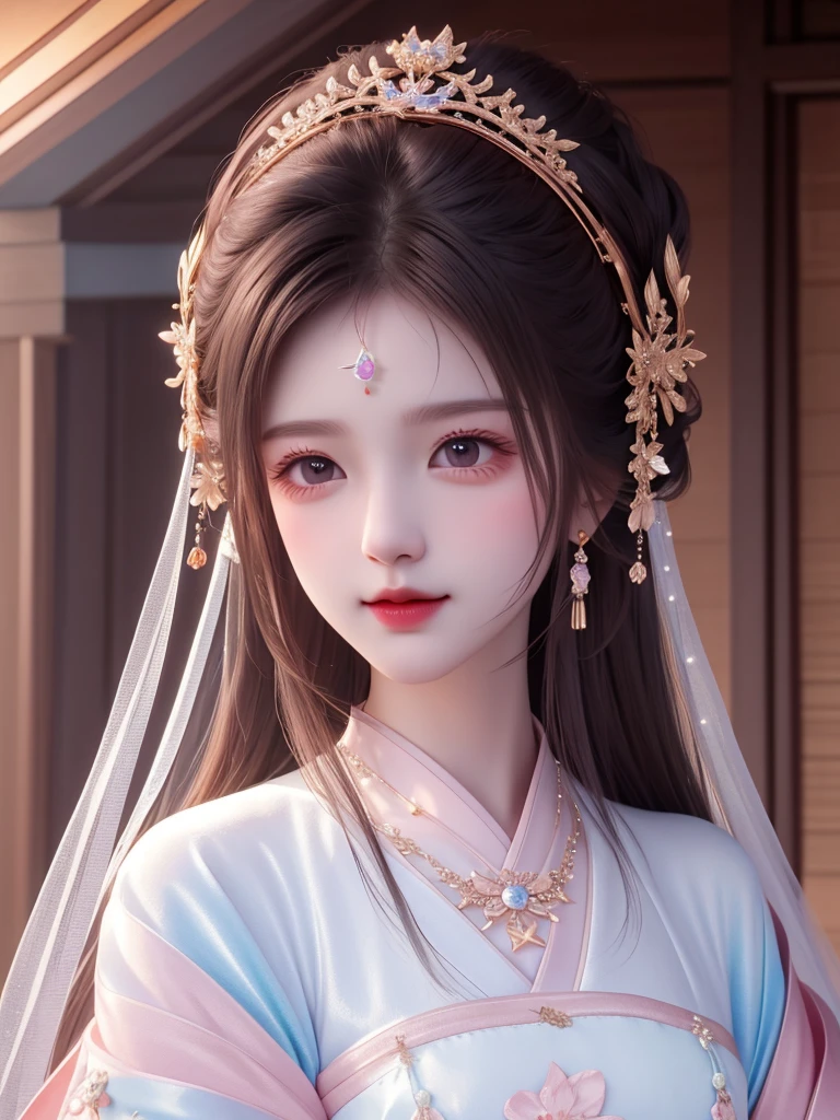 best quality, masterpiece, high resolution, 1 Girl,blush,(Charming smile:0.8),Star-shaped pupil,china hanfu,Hair accessories,necklace, Jewelry,Pretty Face,Above_Body, Tyndall effect,Reality, Dark Studio, Rim Light, Two-tone lighting,(High Detail Skin:1.2), 8K uhd, Digital SLR Camera, Soft lighting, high quality, Volumetric Lighting, frank, photo, high resolution, 4K, 8K, Bokeh