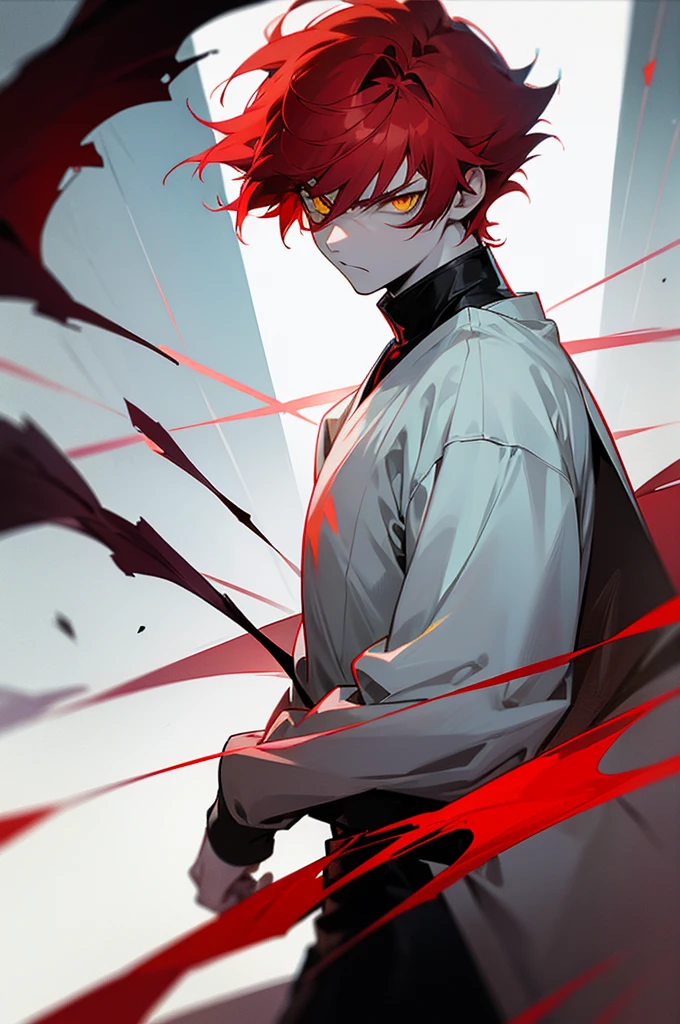 Red hair, yellow eyes, anime boy, pale skin, male character, intimidating, intense stare, bad ass, short hair.
