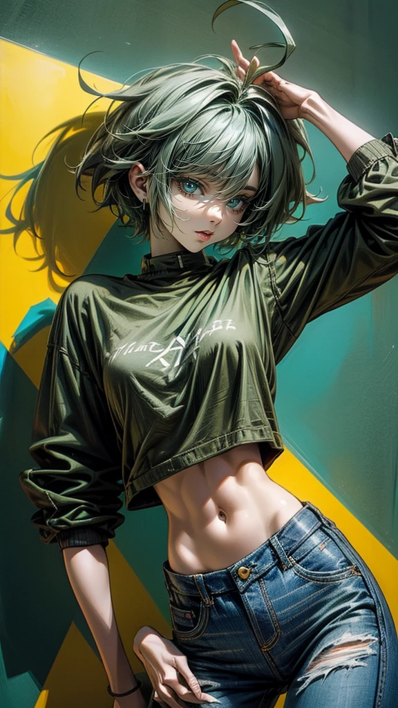 masterpiece, Highest quality, One girl, alone, 23 years old, Adult, Turquoise Hair, Messy Hair, Asymmetrical Hair, Ahoge, Very short hair, Aqua Eye, Medium chest, Toned Up, 167cm, Pale skin, Glasses, Grin, Olive green shirt, jeans, Abdominal Peek,