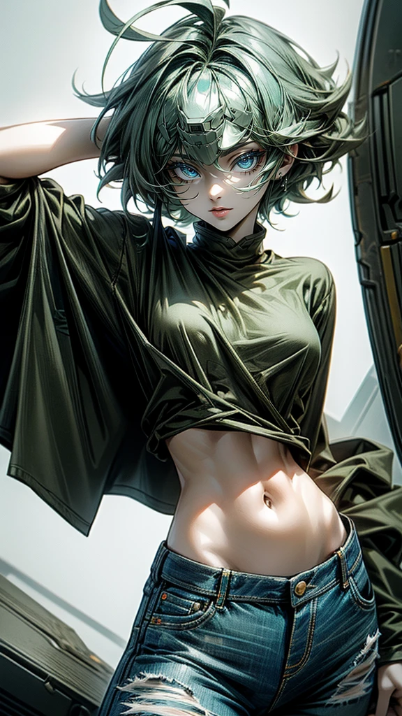 masterpiece, Highest quality, One girl, alone, 23 years old, Adult, Turquoise Hair, Messy Hair, Asymmetrical Hair, Ahoge, Very short hair, Aqua Eye, Medium chest,  Toned Up, 167cm, Pale skin, Glasses, Grin, Olive green shirt, jeans, Abdominal Peek,