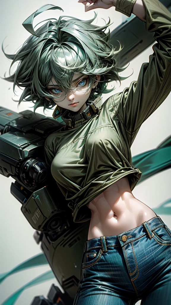 masterpiece, Highest quality, One girl, alone, 23 years old, Adult, Turquoise Hair, Messy Hair, Asymmetrical Hair, Ahoge, Very short hair, Aqua Eye, Medium chest,  Toned Up, 167cm, Pale skin, Glasses, Grin, Olive green shirt, jeans, Abdominal Peek,