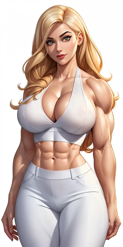 Masterpiece, highly detailed, high res, dynamic, A image of a woman in a white top and white pants, ((((Massive breasts)))), (muscular), ((((huge muscles)))) fanart da coelhinha lola, commission for high resolution, CO Commission, Gwen Stacy, corpo perfeitamente sombreado, Emma Geada, Retrato de Emma Frost, Deusa loira, desenhado no estilo de artgerm, em roupas brancas, corpo perfeito sombreado realista, Betty Cooper, It's not artgerm style, ((((Massive breasts)))), (muscular), ((((huge muscles))))