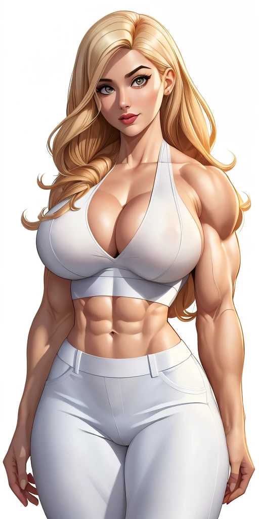 Masterpiece, highly detailed, high res, dynamic, A image of a woman in a white top and white pants, ((((Massive breasts)))), (muscular), ((((huge muscles)))) fanart da coelhinha lola, commission for high resolution, CO Commission, Gwen Stacy, corpo perfeitamente sombreado, Emma Geada, Retrato de Emma Frost, Deusa loira, desenhado no estilo de artgerm, em roupas brancas, corpo perfeito sombreado realista, Betty Cooper, It's not artgerm style, ((((Massive breasts)))), (muscular), ((((huge muscles))))