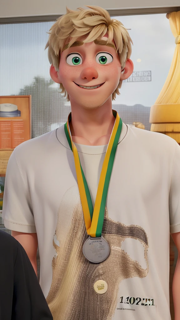 A blond boy, with a silver medal, greeneyes, disney pixar style, high qualiy, best qualityer