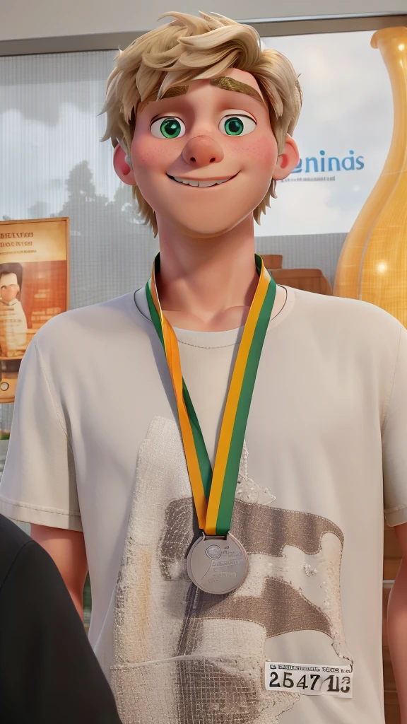 A blond boy, with a silver medal, greeneyes, disney pixar style, high qualiy, best qualityer