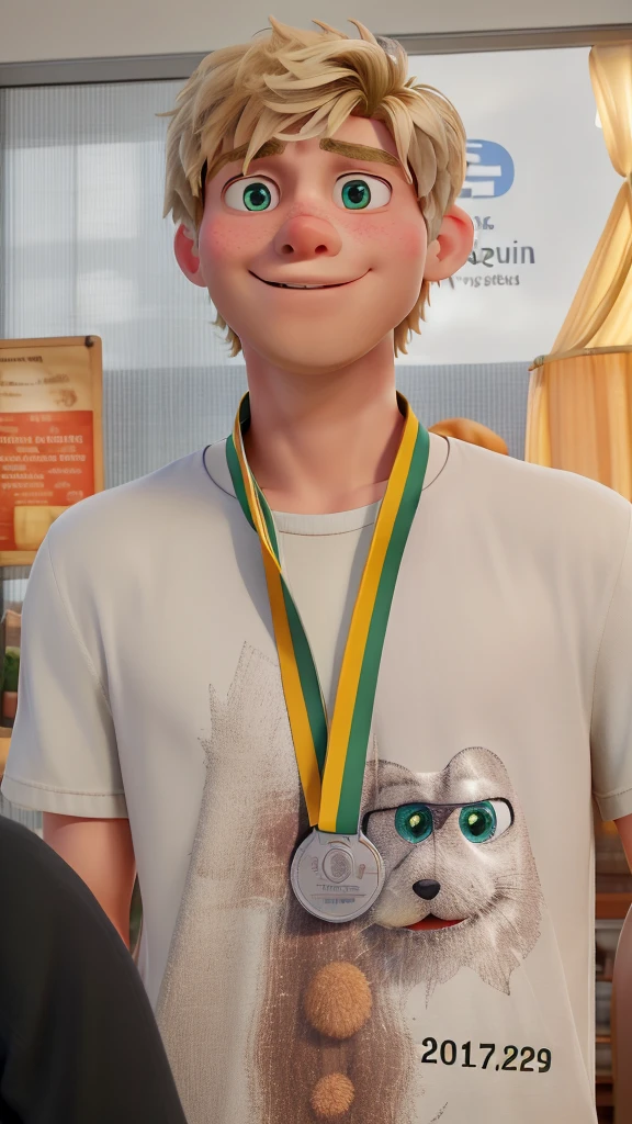 A blond boy, with a silver medal, greeneyes, disney pixar style, high qualiy, best qualityer