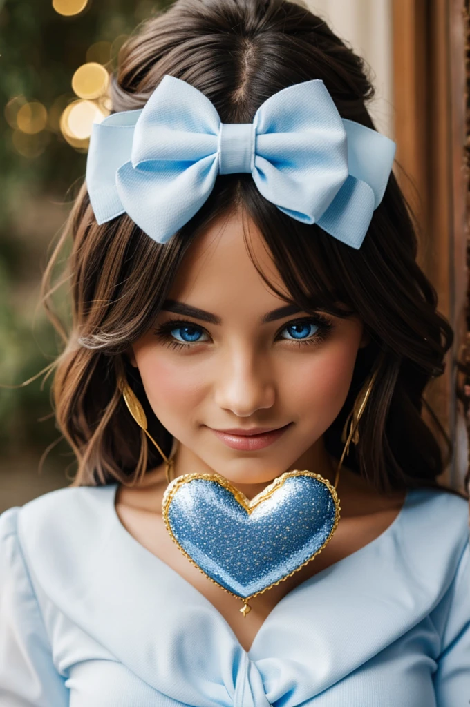 A beautiful blue and gold heart with a white bow.