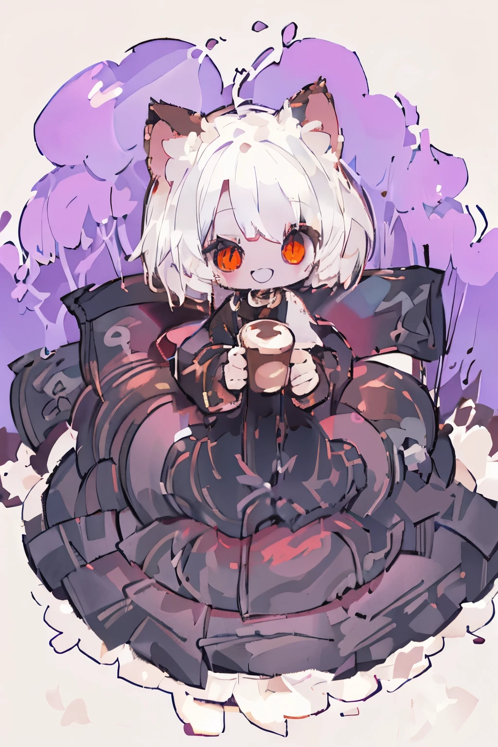 #Quality(8k,best quality,masterpiece,cinematic),(solo),#1 girl(Chibi,cute,kawaii, white hair,short hair,cat ear ,short dress,black dress,gothic dress ,red big eyes,smile ,skin color white,sitting down,holding coffee:2.0),#background(coffee shop,coffee shop in the city)