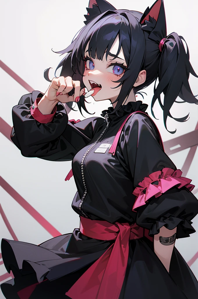 twin tail, black costume, (Ragged ruins background), desapair eyes, 1girl, (cute girl), sticking out tongue, open mouth, looking at viewer, upper body, nails polish, fangs, (fansy band aid),band aid on arm, teeth, solo, frill, cat costume, zip up
