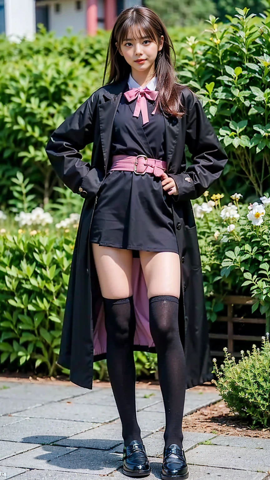 (8K、RAW Photos、Highest quality、masterpiece:1.2)、(Realistic、Realistic)、1 Girl、((Pink Coat、smile、Black mini dress、whole body、Knee socks、loafers、garden、chest emphasis、whole body、View from the front、Ribbon on chest、Looking into the camera、belt、Stand with hands on hips))、