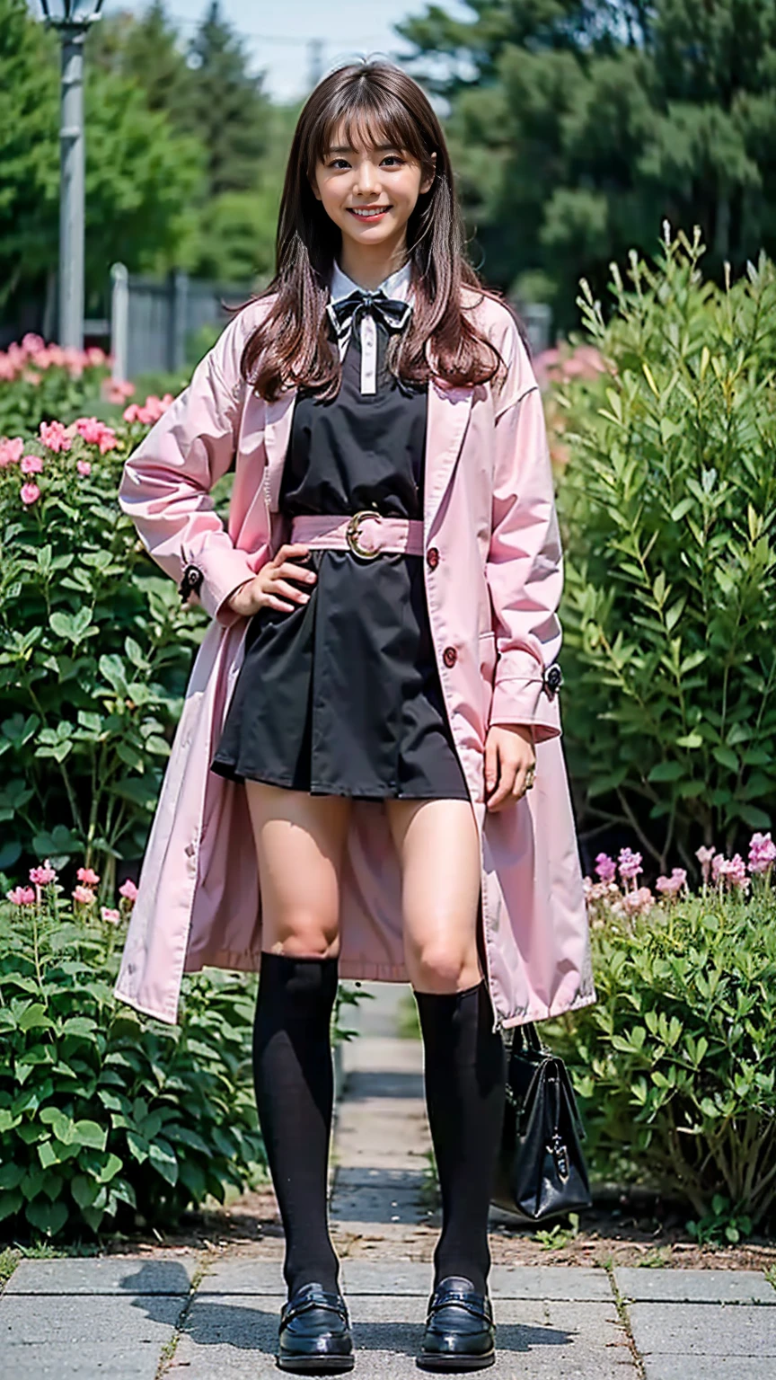 (8K、RAW Photos、Highest quality、masterpiece:1.2)、(Realistic、Realistic)、1 Girl、((Pink Coat、smile、Black mini dress、whole body、Knee socks、loafers、garden、chest emphasis、whole body、View from the front、Ribbon on chest、Looking into the camera、belt、Stand with hands on hips))、