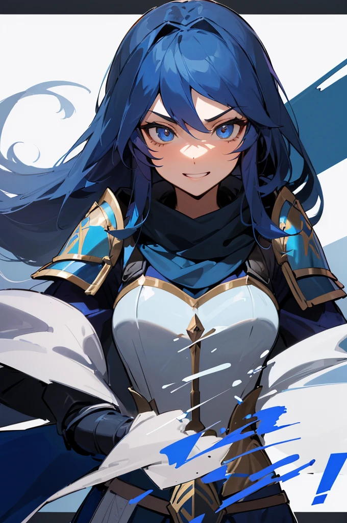 (highest quality、masterpiece:1.2), solo、1 girl, Lucina, (Dark blue armor、scarf、cloak), (blue long hair),one hand is on the waist, cool woman, ((a ferocious look、vulgar smile)), elegant、attractive、Sexy、Beautiful and well-shaped face、beautiful eyes、beautiful hair、smooth skin、beautiful mouth