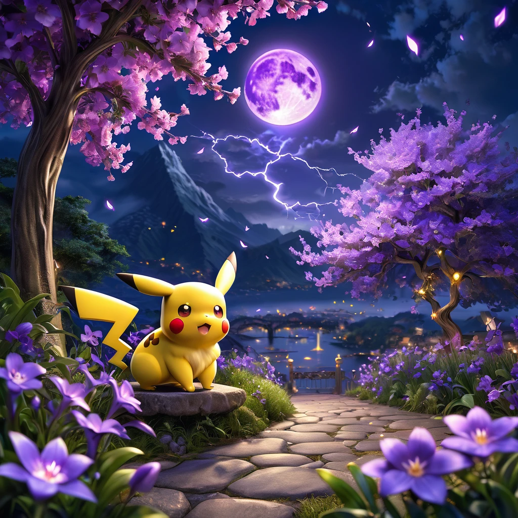 absurdres, highres, ultra detailed, HDR, master piece, best quality, Pikachu, Pokemon, solo, lighting bolt, fantasy, purple moon, purple flowers, purple blossoms, purple petals, fireflies
