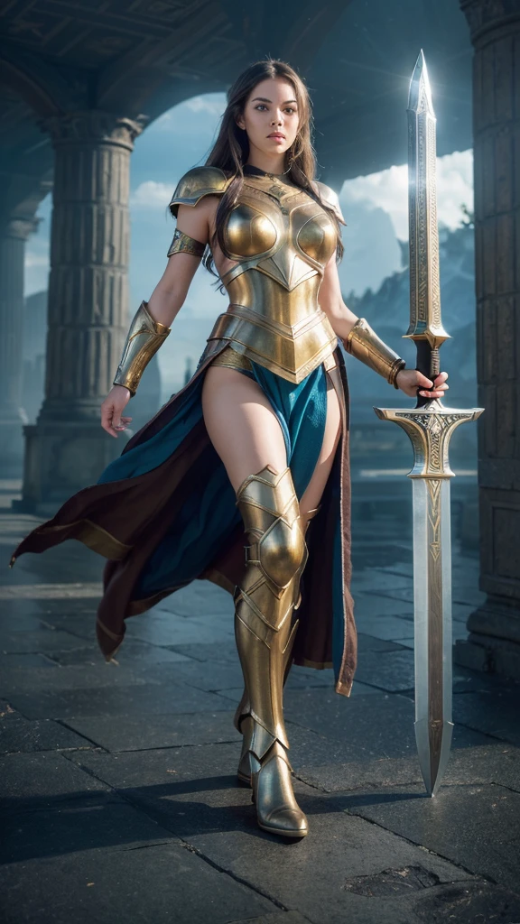 ((Full body photo, standing, feet on the ground)) Alison Tyler as a Valkyrie of Asgard, blue eyes, long brown hair, perfect body, Lady Knight, correct anatomy, holding a great magic sword, epic fantasy digital art, masterpiece, 8k, high definition resolution, detailed drawing, Superior Quality, Epic Composition, green eyes , flats for women