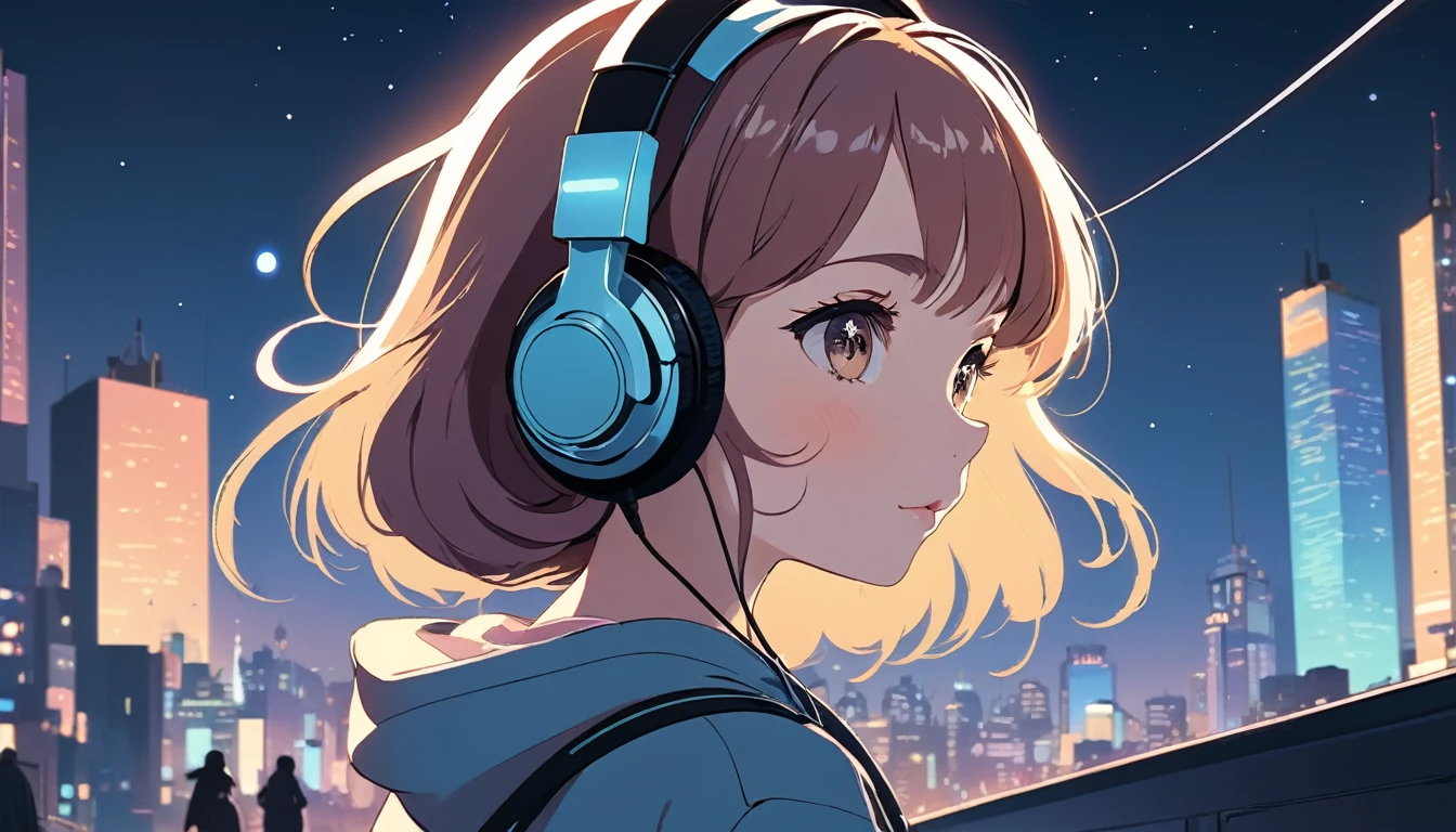 Girl wearing headphones and looking left,City of night, Wide-angle lens, Lofi Anime, Lofi illustration, Aesthetic atmosphere, Lo-Fi Style, Vector art, Flat Design, Simple shape, Warm tones, Pleasant atmosphere, Chill, In anime style, Digital drawing, Vector art, Vector logo for t-shirt printing, (Adorable:1.5), (small:1.4), (Playful:1.2), (soft:1.3), (Whimsical:1.1), masterpiece, Highest quality, 8K, Intricate details, grow, Celestial, Mysterious, Picturesque, amazing, Majestic, Magic, Fantasy art, Cover art, dream-like