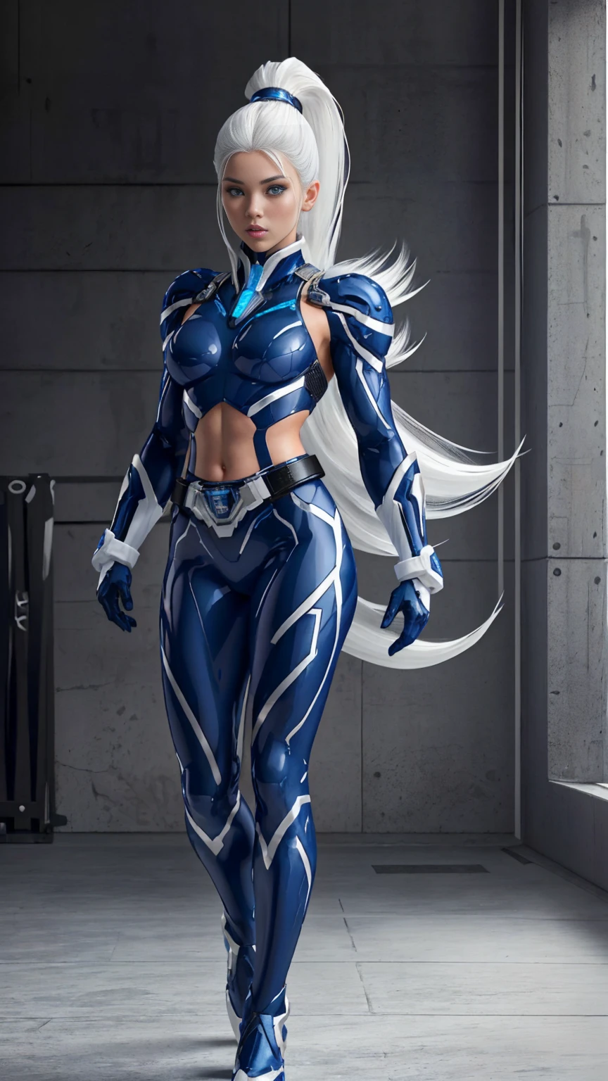 (((full body photo))), ((Full body photo,standing, feet on the ground)) ( Masterpiece, 4k resolution, ultra-realistic, very detailed) sexy beautiful superheroine, has ice powers, white hair ponytail, back midriff with blue outlines and a snowflake symbol on her right, has black gloves with fur on her the wrist part, wears black tight pants, with a blue belt, blue lines full body in the style of realism, glistening skin, , natural lighting, Defined full lips. fitness feminine body. portrait photography by artgerm, in the style of realism, glistening skin, , natural lighting, Defined full lips. Muscular fitness feminine body,