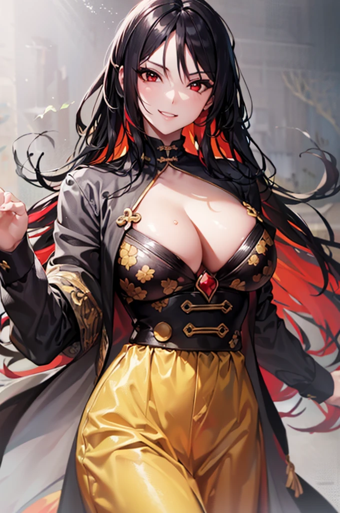 goddess of victory, Nikke, 1woman, height 1.85 cm, sexy body, large busts, long red hair, red eyes, smiling playfully, ultra-detailed painting, extremely delicate and beautiful (by exquisite color block), artwork -prime, best quality, unreal engine 5 rendering, film light, film lens, film special effects, detailed details, HDR, UHD, 8K, CG wallpaper,