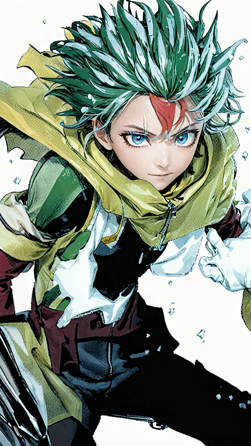 A closeup of a person wearing a green suit and a yellow cape, trend in Station, tall anime boy with blue eyes, manga cover style, trend in Station, shigenori soejima illustration, official art and wears special white gloves, red sleeves, technological