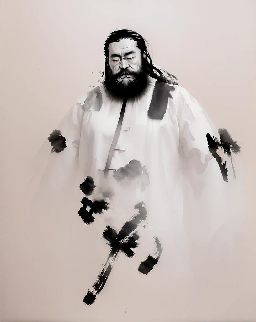 zydink, monochrome, ink sketch, 1boy, asian (middle age man), (long beard, facial hair), fighting stance, looking at viewer, long hair, floating hair, hanfu, chinese clothes, long sleeves, (abstract ink splash:1.2), white background