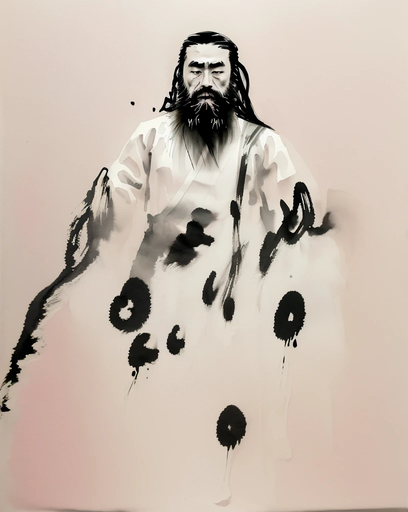 zydink, monochrome, ink sketch, 1boy, asian (middle age man), (long beard, facial hair), fighting stance, looking at viewer, long hair, floating hair, hanfu, chinese clothes, long sleeves, (abstract ink splash:1.2), white background