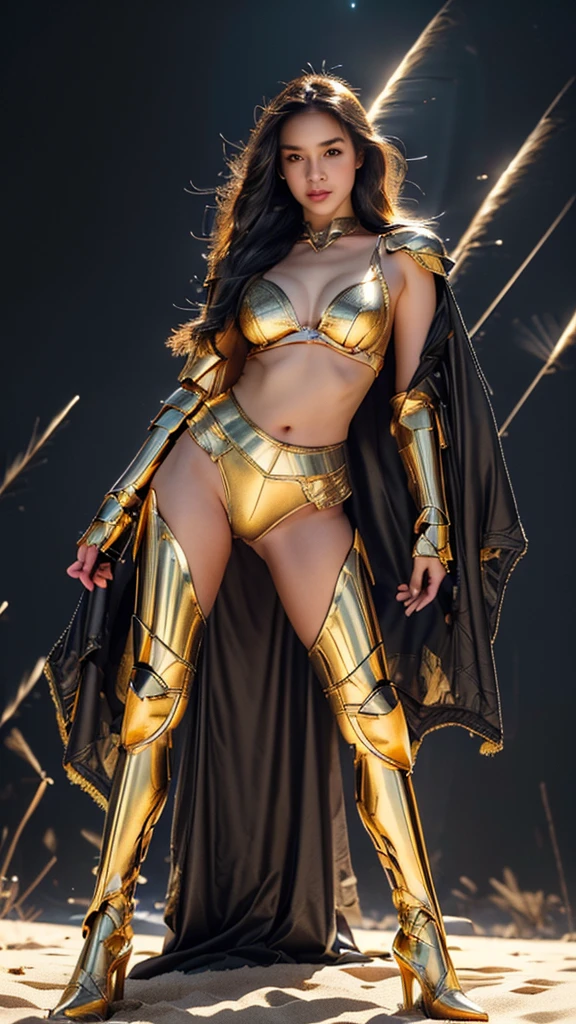 ((best quality)), ((masterpiece)), (ultra detailed lights), ((full body)), 1girl, extremely beautiful, ((fit body)), thighs gap, ultra face details, ((black hair)), ((hair blown by strong winds :1.3)), Award-winning photograph, ((symmetrical pose)), goddess with (golden sword) in ((full body golden black steel-armor)) are in the middle of battlefield, posing in the middle, intricate details, ((thight golden armour)), ((extremely details armor)), ((tight latex panties)), ((24k-gold armor)), ((edge luminous armor)), cameltoe, luminescent, epic lights reflections, at beach, full of stars, orange clouds, nebula sky, epic aurora borealis in the background, shooting stars, ((from below))