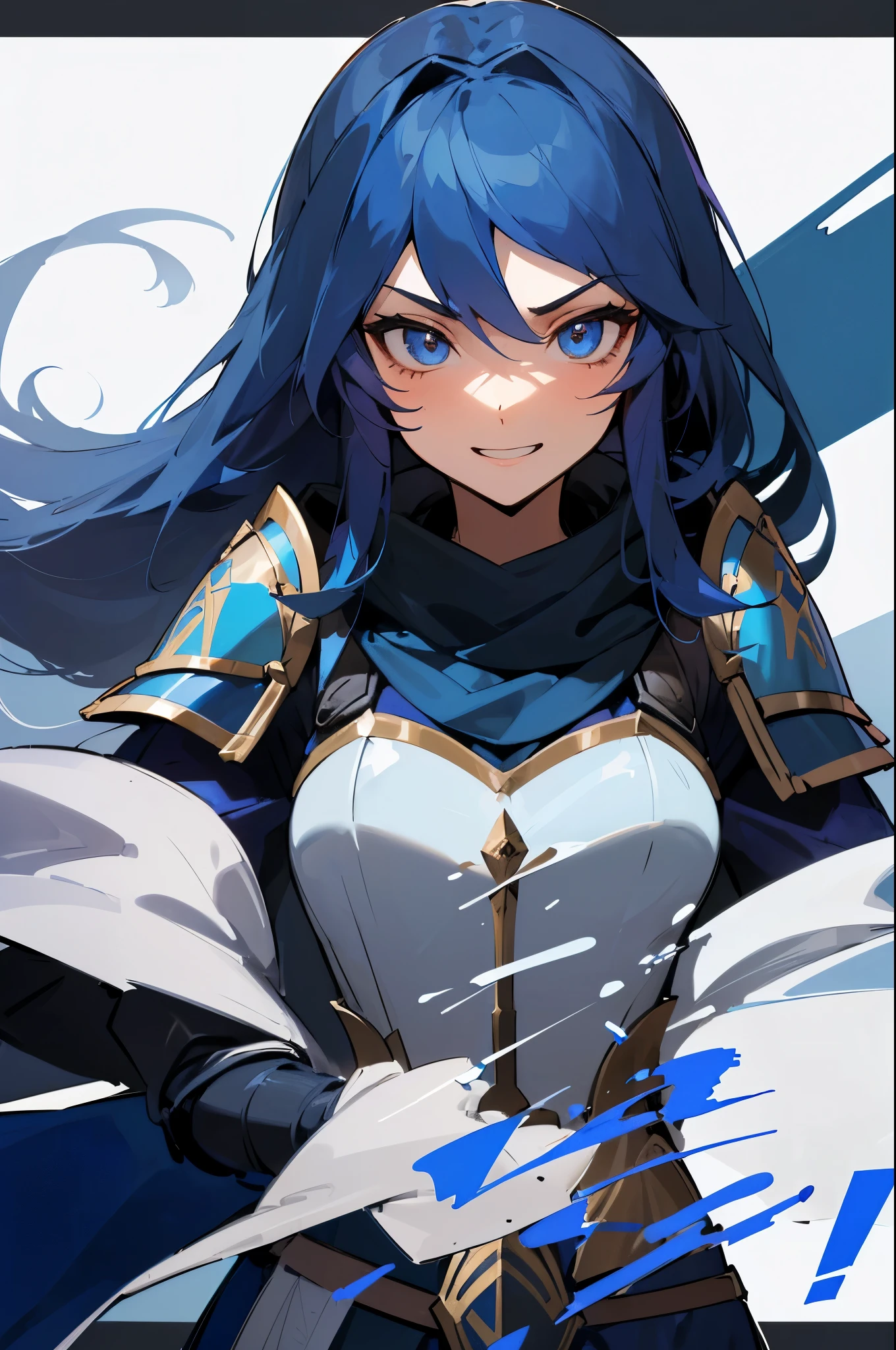 (highest quality、masterpiece:1.2), solo、1 girl, Lucina, (Dark blue armor、scarf、cloak), (blue long hair),one hand is on the waist, cool woman, ((a ferocious look、vulgar smile)), elegant、attractive、Sexy、Beautiful and well-shaped face、beautiful eyes、beautiful hair、smooth skin、beautiful mouth
