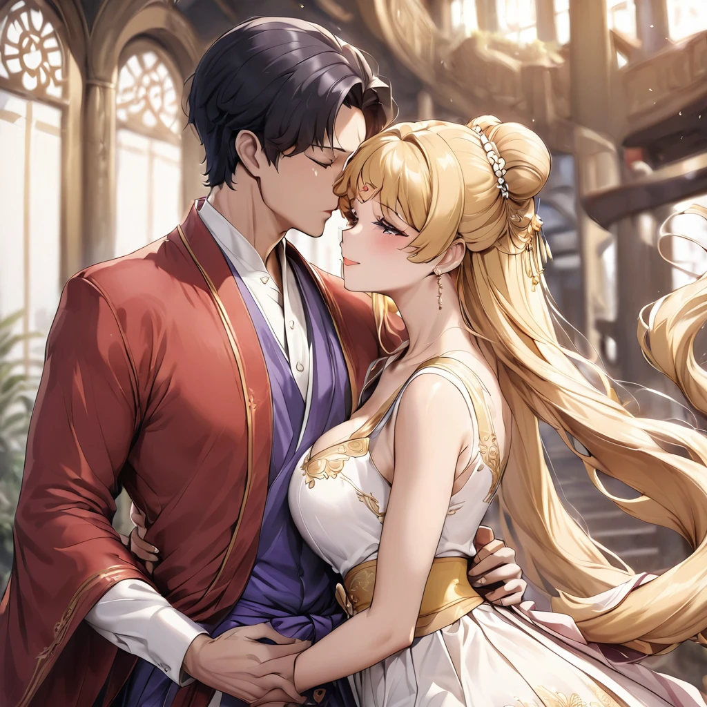 ((Highest quality)), ((masterpiece)), (detailed), (Perfect Face)、The woman is wearing a red wedding dress made of gold embroidered Hanfu fabric in a luxurious Chinese church. She is embracing a middle-aged Chinese man in Hanfu and kissing him in a vow to get married. The man and woman are both wearing engagement rings.、The woman has a gorgeous hairstyle and wears gorgeous jewellery.、The woman is the elegant Tsukino Usagi, with long blonde hair in a chignon twin tail.、A man is dressed in a Hanfu groom costume and is having a wedding with a woman