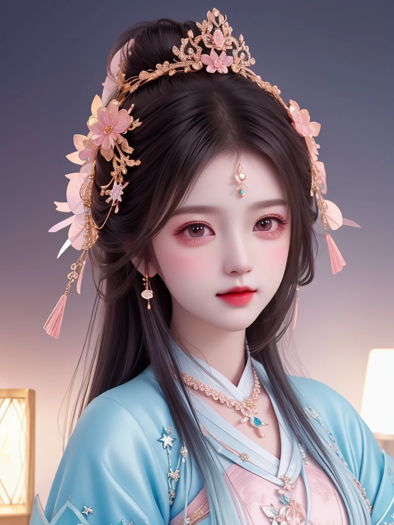 best quality, masterpiece, high resolution, 1 Girl,blush,(Charming smile:0.8),Star-shaped pupil,china hanfu,Hair accessories,necklace, Jewelry,Pretty Face,Above_Body, Tyndall effect,Reality, Dark Studio, Rim Light, Two-tone lighting,(High Detail Skin:1.2), 8K uhd, Digital SLR Camera, Soft lighting, high quality, Volumetric Lighting, frank, photo, high resolution, 4K, 8K, Bokeh