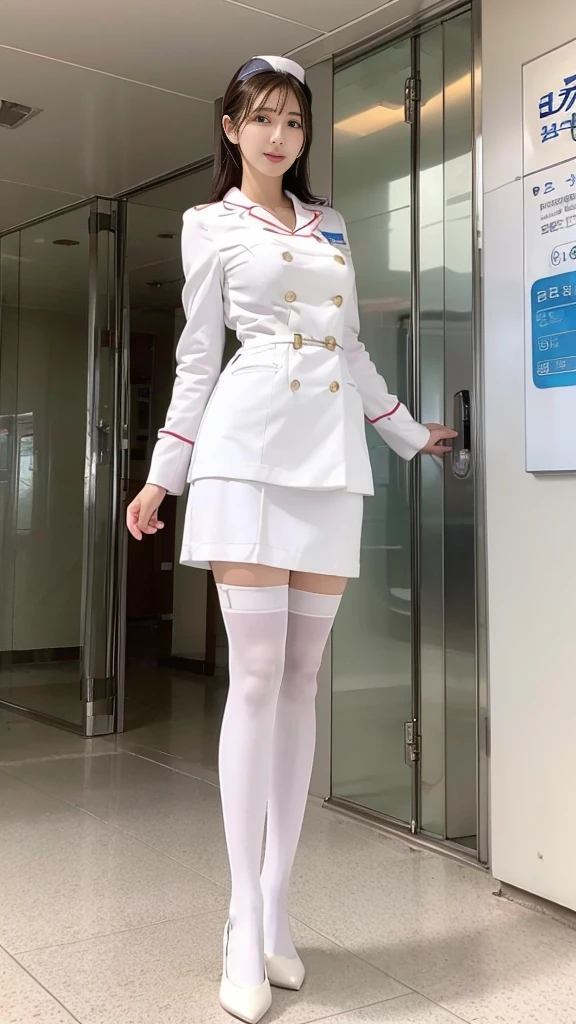 Close-up: Standing at the hospital entrance, a tall, long-legged, huge-breasted nurse mature woman, seen from below, nurse uniform, white stockings