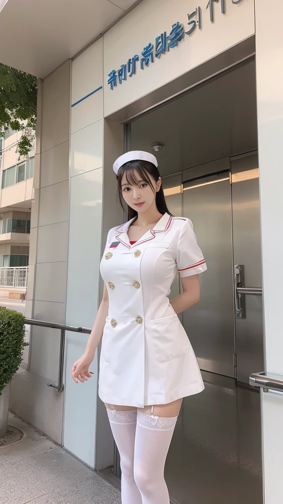 Close-up: Standing at the hospital entrance, a tall, long-legged, huge-breasted nurse mature woman, seen from below, nurse uniform, white stockings