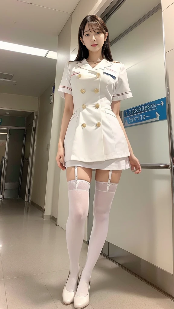 Close-up: Standing at the hospital entrance, a tall, long-legged, huge-breasted nurse mature woman, seen from below, nurse uniform, white stockings
