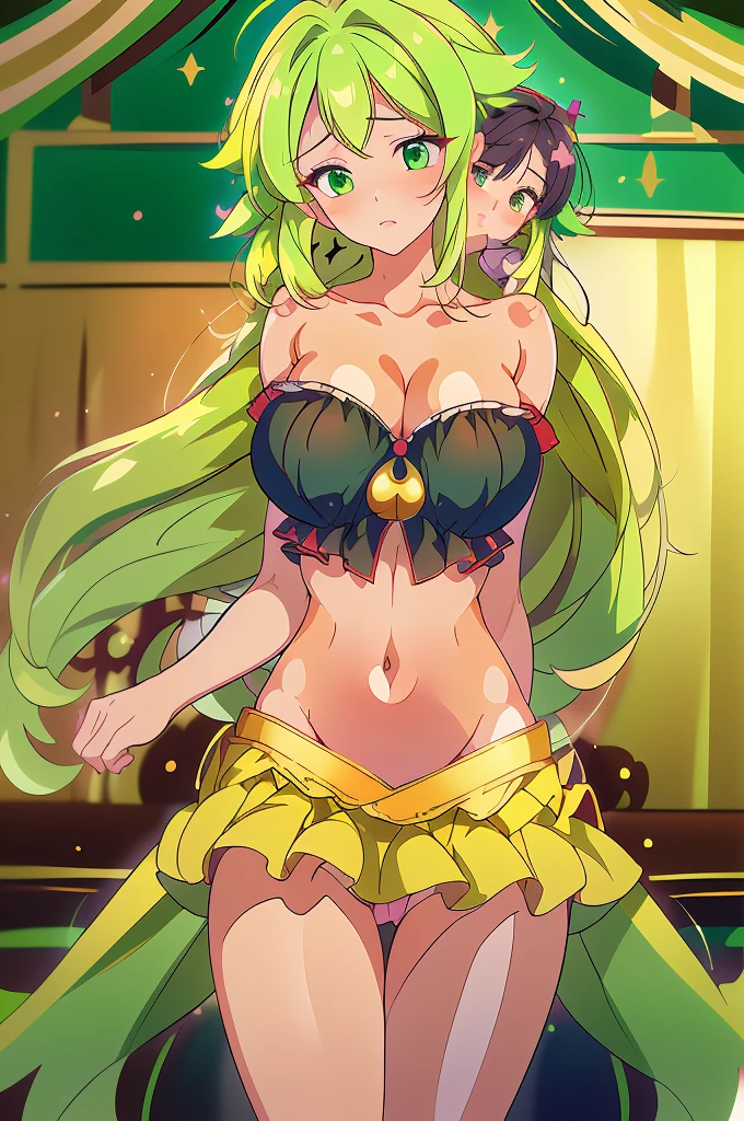 (masterpiece, best quality), best quality, best resolution, (ultra-detailed), (3heads:1.5), 1girl, (fuma mishandra:1.3), masterpiece, best quality, ultra quality, ultra resolution, ultra detail, black top, crop top, ((stomach)), midriff, ((groin)), black skirt, miniskirt, normal ears, shackles, green hair, very long hair, wavy hair, sidelocks, green eyes, detailed eyes, same eye color, parted lips, open belly, sweat, cute, toned belly, hand on own chest, eyelashes, (24 year old woman:1.3), (masterpiece:1.5), (best quality:1.5), (beautiful detailed), extremely detailed CG, extremely delicate and beautiful, depth of field, (finely detailed face), (perfect details:1.2), (mature female:1.3), wide pelvis, slender, large veiny breast, 16k resolution, highres, high quality, high definition, extremely detailed, masterpiece, green hair, long hair, alluring presence, twin braid, short skirt, close up, very big tits, huge tits, young, (girl with three heads), (three headed girl),