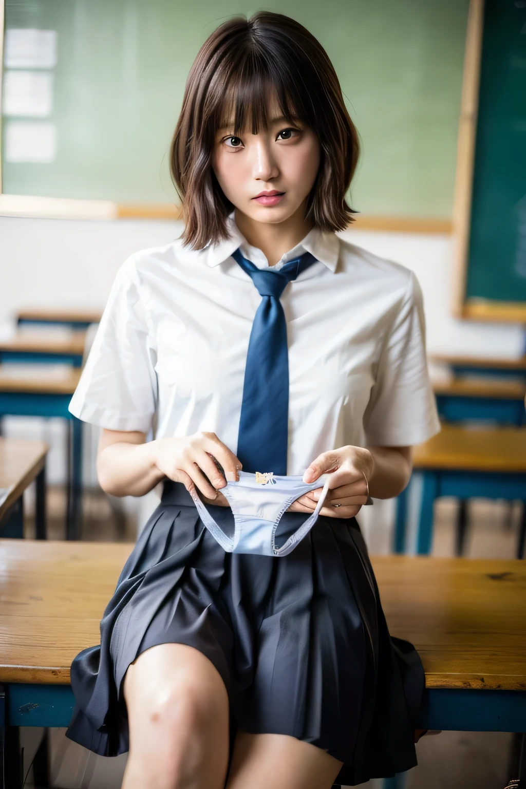 (absurdres:1.3),8K,(detailed photograph:1.5),(detailed face and skin:1.3),(ultra high res:1.5),(photorealistic:1.5),symmetric clear eyes,well-groomed face,(ray tracing:1.3) ,1girl, Japanese,high school girl, BREAK (wearing Japanese high ,white shirt,red school ribbon tie,navy pleats skirt:1.3), BREAK (presenting panties),(blue silk panty:1.1),masterpiece, best quality, highly detailed,classroom, BREAK (Black short hime cut hair blunt bangs),focus panty,cinematic lighting,(blushing:1.3),(Stain on panties:1.4),
