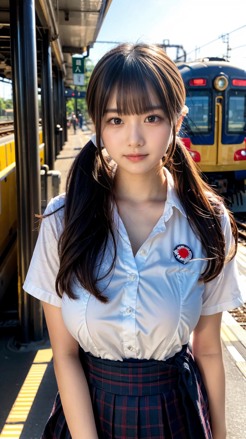 (masterpiece:1.2, highest quality), bokeh, 1 high school girl,
(Japanese idle:1.6), Plump breast, large breasts, Blushed face, updo, Looking at the viewer, standing at the train railway, high school uniform:1.6), sundown, Close up, expresses the roundness and softness of your chest