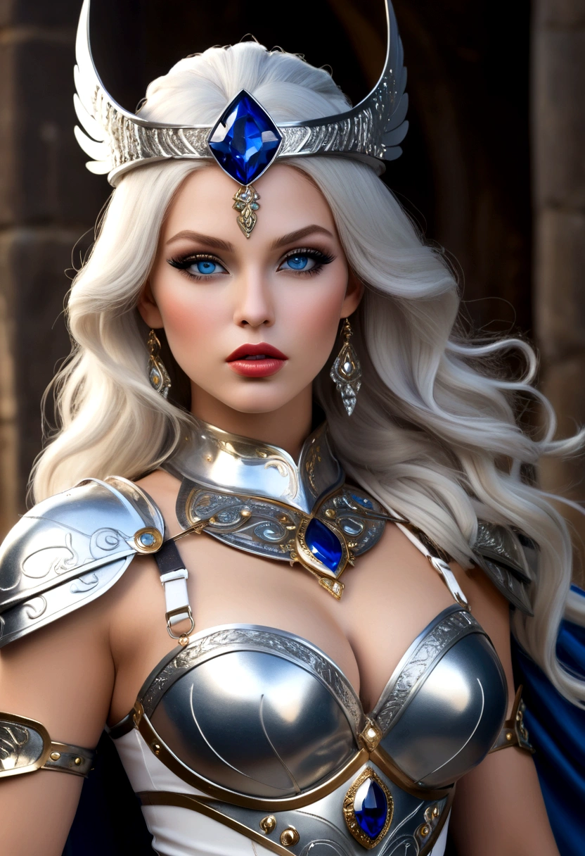 Create an image of a stunningly gorgeous beautiful perfect sexy valkyrie, Stunningly gorgeous beautiful seductive face, silver and sapphire valkyrie crown, long luscious eyelashes, black eyeliner, perfect color makeup, detailed vibrant icy blue eyes, curved lips, Glossy lips, detailed beautiful silky porcelain skin, smooth skin texture, perfect hour glass body figure, gigantic natural breats, perfect round ass, thick thighs, sexy seductive strappy valkyrie armor