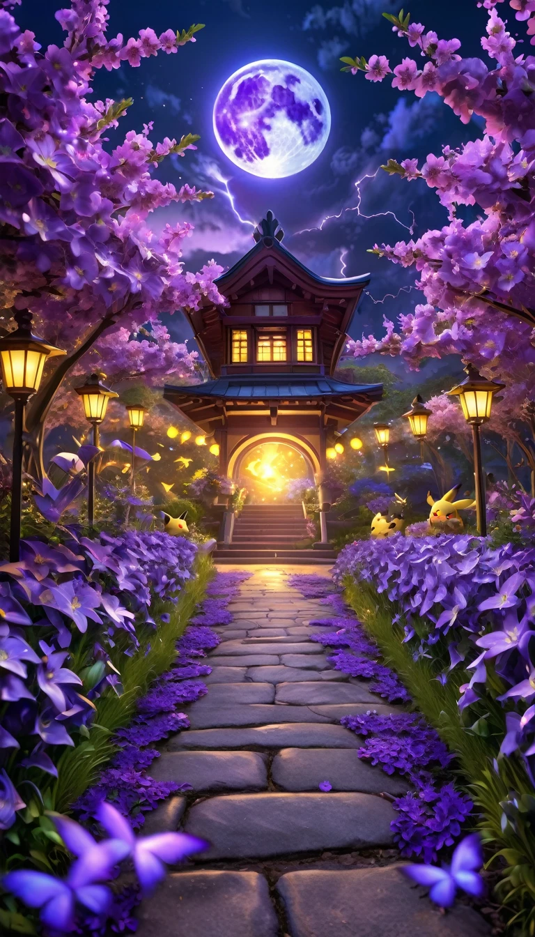 absurdres, highres, ultra detailed, HDR, master piece, best quality, Pikachu, Pokemon, solo, lighting bolt, fantasy, purple moon, purple flowers, purple blossoms, purple petals, fireflies