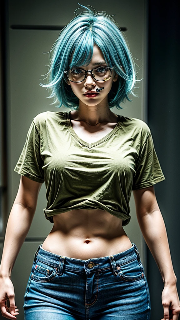 masterpiece, Highest quality, One girl, alone, 23 years old, Adult, Turquoise Hair, Messy Hair, Asymmetrical Hair, Ahoge, Very short hair, Aqua Eye, Medium chest, Toned Up, 167cm, Pale skin, Glasses, Grin, Olive green shirt, jeans, Abdominal Peek,