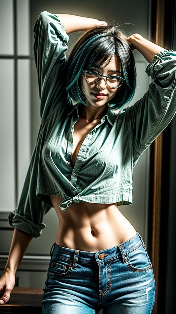 masterpiece, Highest quality, One girl, alone, 23 years old, Adult, Turquoise Hair, Messy Hair, Asymmetrical Hair, Ahoge, Very short hair, Aqua Eye, Medium chest,  Toned Up, 167cm, Pale skin, Glasses, Grin, Olive green shirt, jeans, Abdominal Peek,