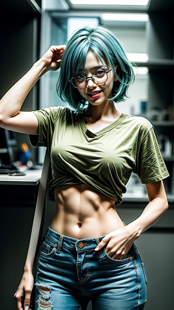 masterpiece, Highest quality, One girl, alone, 23 years old, Adult, Turquoise Hair, Messy Hair, Asymmetrical Hair, Ahoge, Very short hair, Aqua Eye, Medium chest, Toned Up, 167cm, Pale skin, Glasses, Grin, Olive green shirt, jeans, Abdominal Peek,