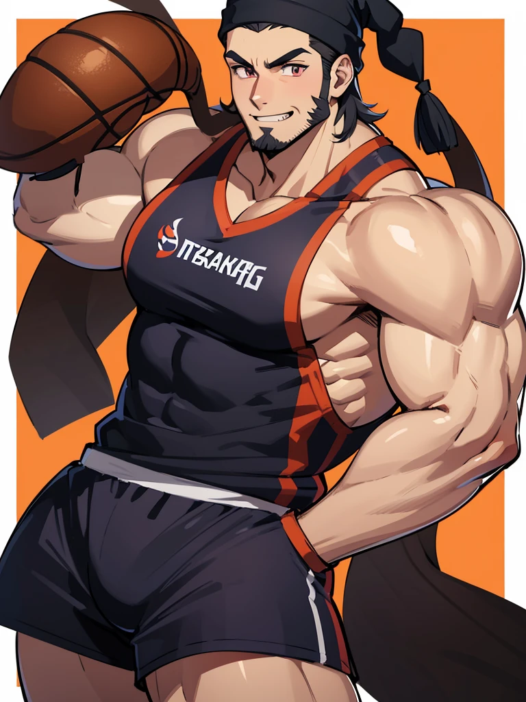 anime characters: 1guy, Bara, 1 Muscular guy, solo, huge pecs, pectorals are oversized, sleeveless basketball jersey, black shorts, purple beanie, small pupils, orange eyes, stubble, smile, black skined male, back, big ass, gray background, best quality