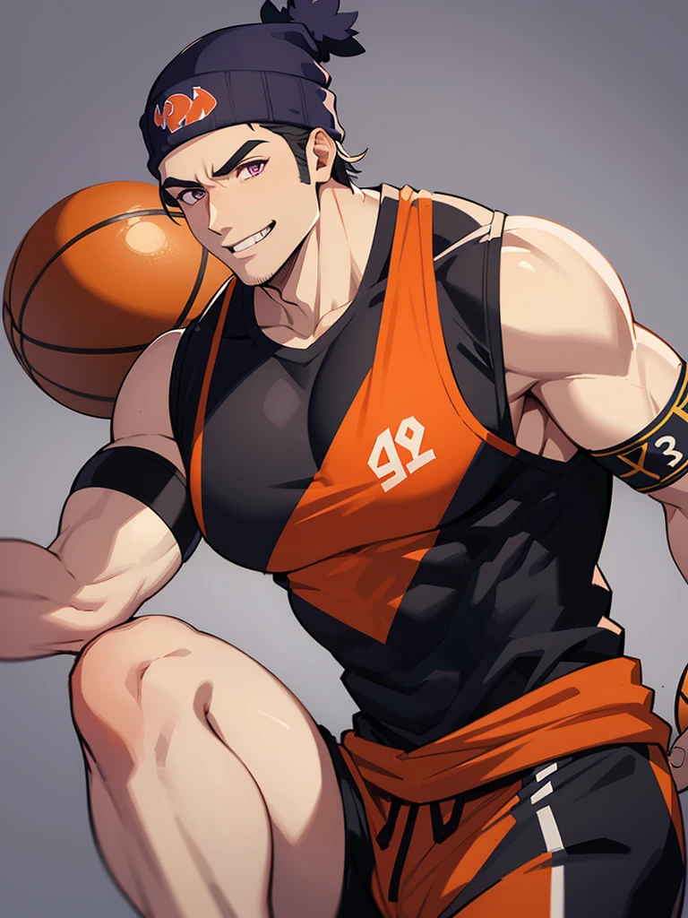 anime characters: 1guy, Bara, 1 Muscular guy, solo, huge pecs, pectorals are oversized, sleeveless basketball jersey, black shorts, purple beanie, small pupils, orange eyes, stubble, smile, black skined male, back, big ass, gray background, best quality