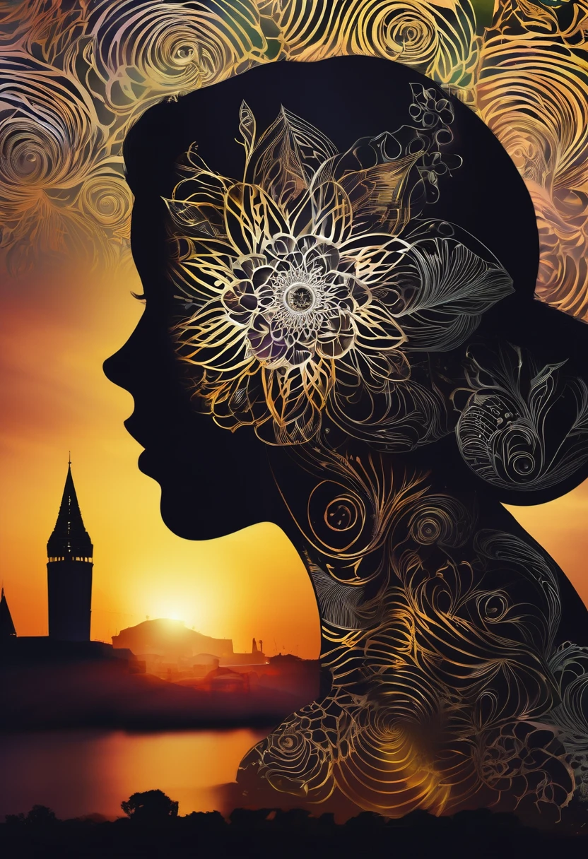 Double exposure. Main image is the silhouette of a woman's head, inside the silhouette is a beautiful city landscape at sunset: Double exposure, photorealistic, metallic and dark colored background, Fantastical spiraling zentangle , serene, relaxed zen spiraling Fantastical"fractal flowers sun rays dark clouds 