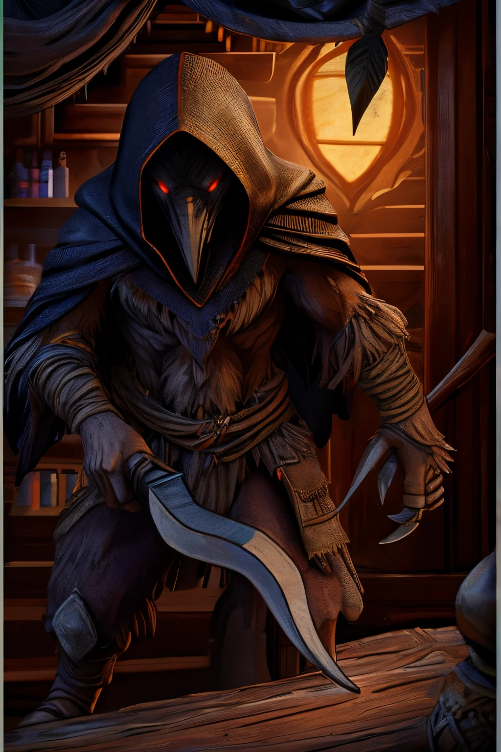 1man, kenku:1.2, talons, black feather, red eyes, black hood, armor, sickle, realistic:1.3, in the middle of the dark rainforest, night, medieval, half body, cowboy shot, alloldrpgarts1 RpgRiftingInThe90s, extremely high quality RAW photograph, detailed background, intricate, Exquisite details and textures, highly detailed, ultra detailed photograph, warm lighting, 4k, sharp focus, high resolution, detailed skin, detailed eyes, 8k uhd, dslr, high quality, film grain, Fujifilm XT3, great detail, tribal, feral, (savage looking), sickle in hand, extreme detail, dark tone, evil, horror, glowing eyes,