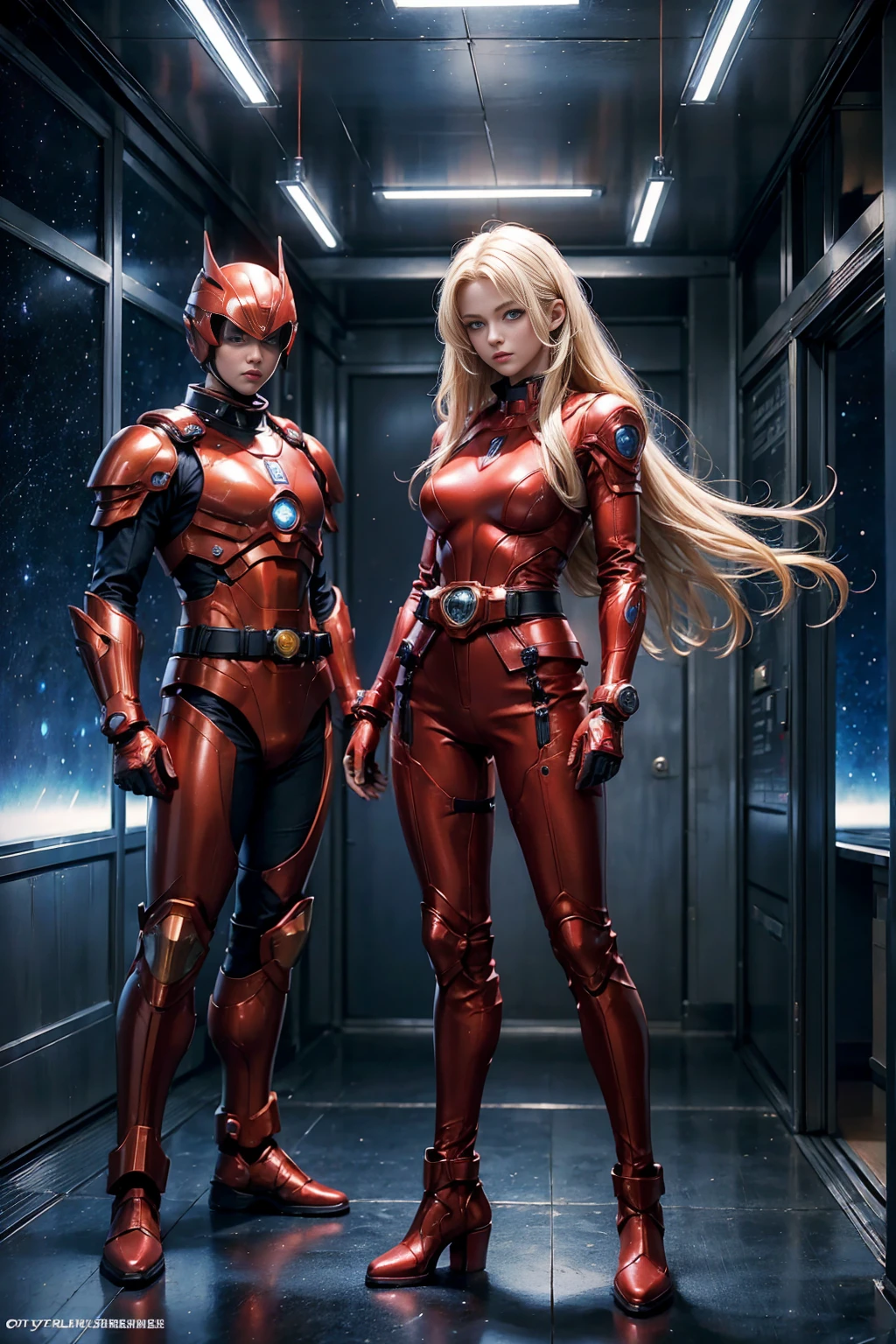 (((full body photo))), A beautiful woman. Blonde hair and blue eyes. 18 years old. She is looking at the camera with a fighting spirit. She wears a red, metallic battle suit that fits her body perfectly. There is something on his waist that is reminiscent of Kamen Rider's transformation belt. She is standing in the hallway of a giant space battleship.