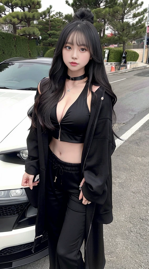Japanese girl wearing a black robe jacket, wearing black trousers, wearing a crop top, wearing a black choker necklace, has a sexy slim stomach, taking a photo in front of a sports car,