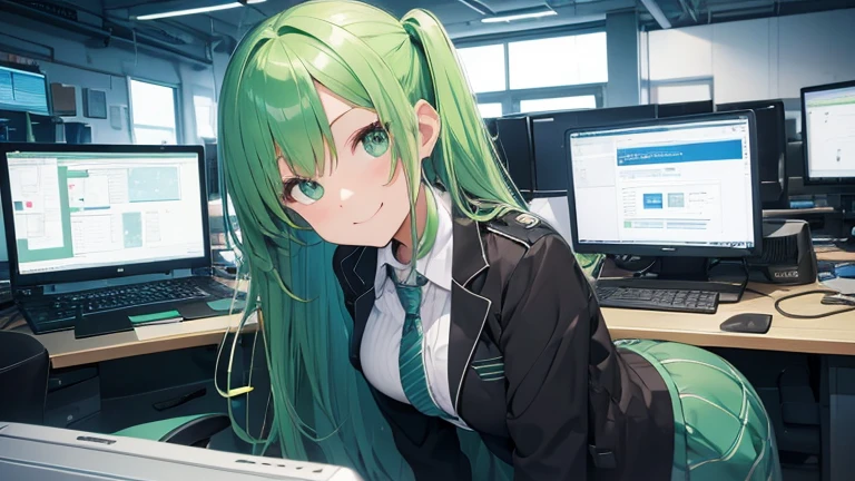 Taking security measures on a computer, cheerful, smiling, one cute girl, dress shirt, no exposure, green hair, semi-long, looking at the camera, bright computer room, person placement on the right, illustration