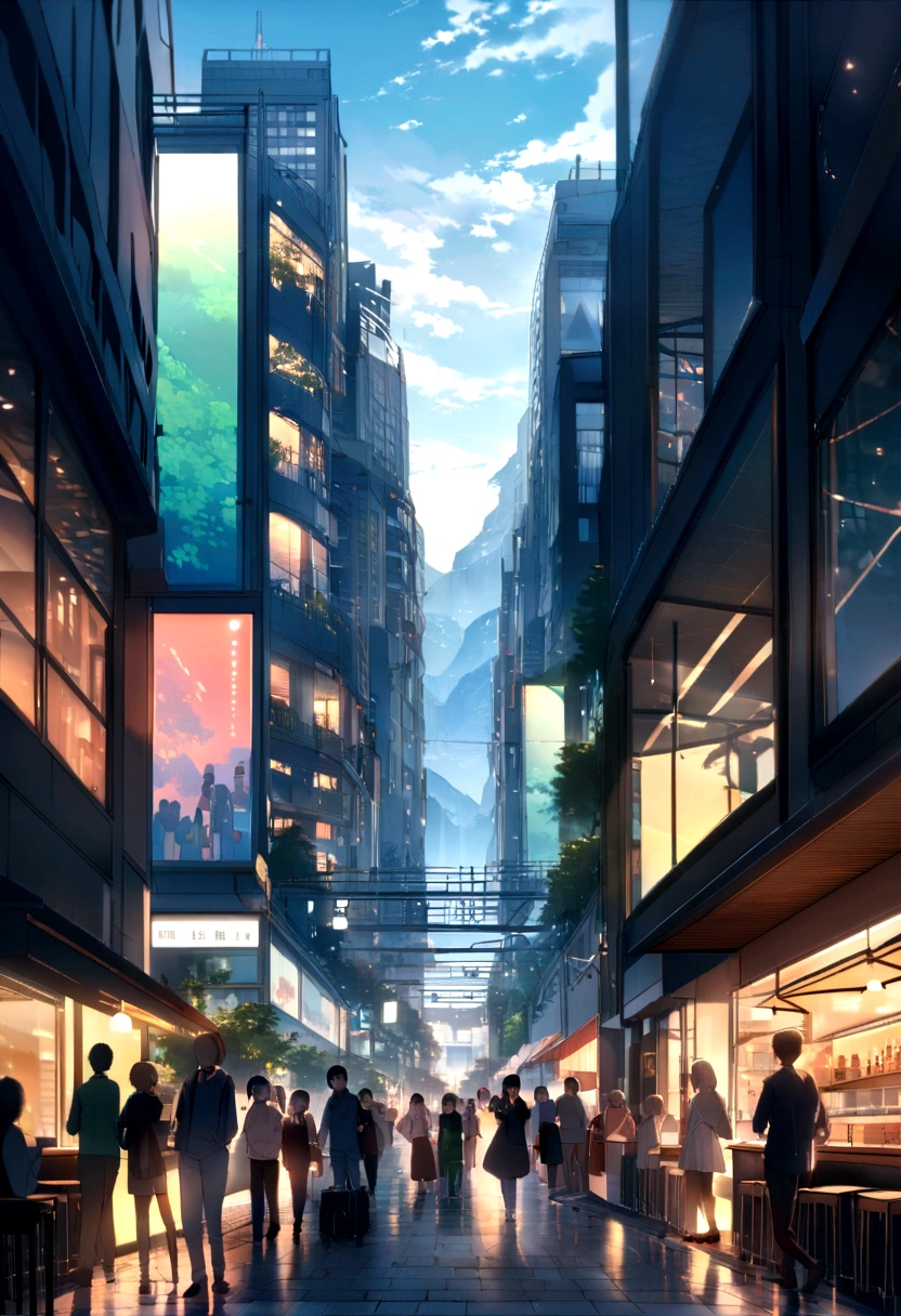 Visualizing the modern cityscape, with height, A modern skyline soaring high into the sky. The building is made of glass and steel., Reflecting the bright sunlight、Creating a play of core and reflexes. The street is full of cars, People and movement, Improving urban life. You can see people walking on the sidewalk, Outdoor Cafe, Always a lively atmosphere. The city is surrounded by natural scenery, Mountain in the background々or a river flowing through a large city., Creating a contrast between the urban environment and nature.