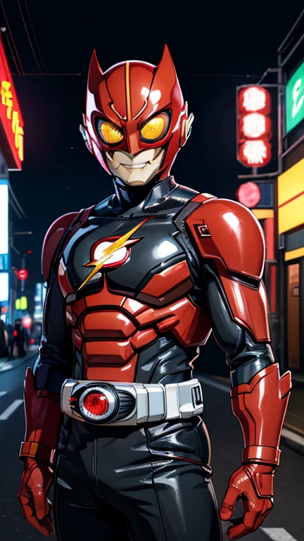 (8k),(masterpiece),(Japanese),(8-year-old boy),((innocent look)),((Childish)),From the front,smile,cute,Innocent,Kind eyes,Flat chest,red helmet,red domino mask,The Flash, short,Black Hair,Strong wind,night,dark, Neon light cyberpunk city,Kamen rider, Flash90s