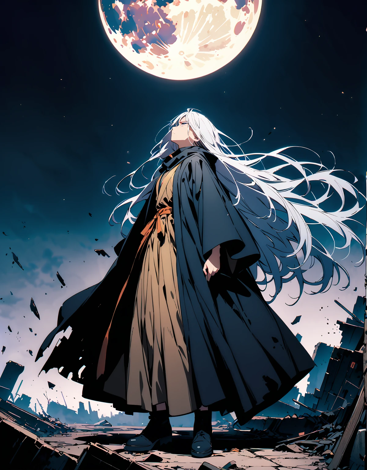 Highest quality、Very high quality、high resolution、Serious face,(Detailed face), (Fine grain),(Full body robe),White, flowing hair,Full body robe, Wear black boots,(The moon behind him),  White long hair,  (Looking up at the sky)profile,Background ruins,